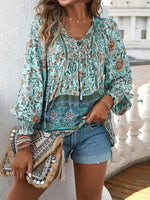 Bohemian Tie Neck Lantern Sleeve Blouse