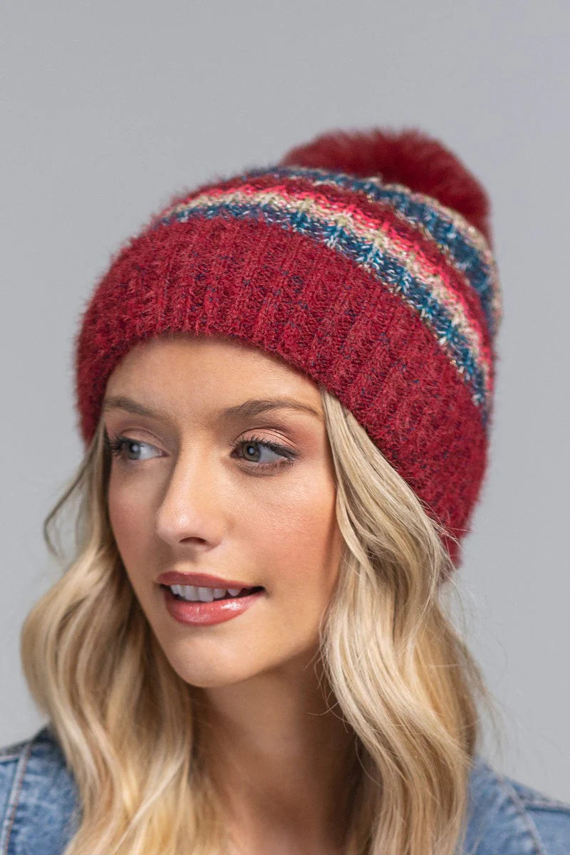 Metallic Striped Pompom Beanie- 3 colors