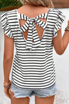 Tied Striped V-Neck Cap Sleeve T-Shirt