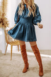 Smocked Half Button Three-Quarter Sleeve Mini Dress