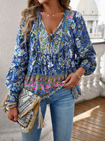 Bohemian Tie Neck Lantern Sleeve Blouse