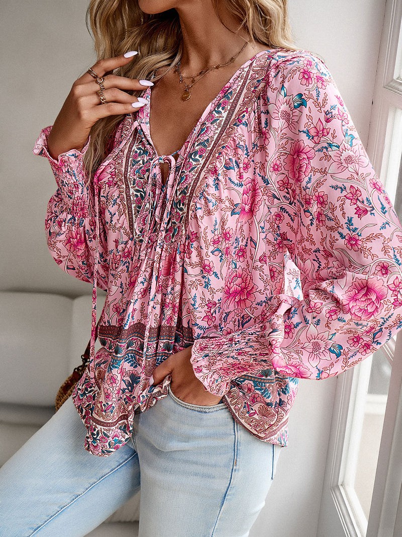 Bohemian Tie Neck Lantern Sleeve Blouse