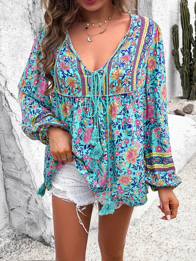 Printed Tie Neck Long Sleeve Blouse