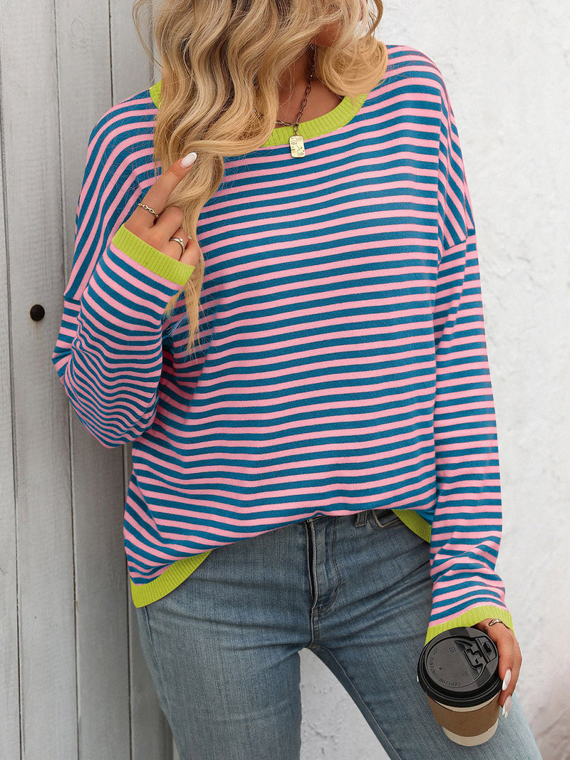 Mandy Striped Round Neck Long Sleeve Sweater