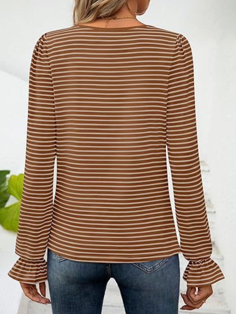 Striped Square Neck Flounce Sleeve Top