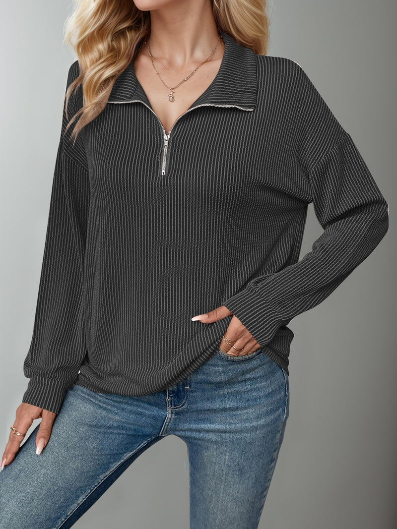 Double Take Striped Half Zip Long Sleeve T-Shirt