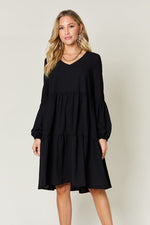 Double Take Full Size V-Neck Balloon Sleeve Tiered Dress with Pockets