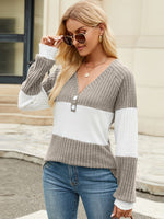 Contrast V-Neck Long Sleeve T-Shirt